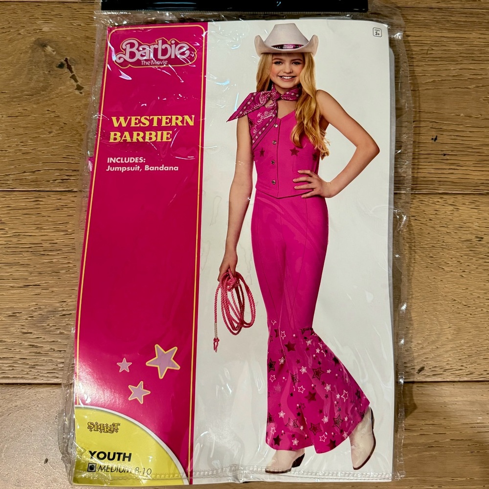 Western Barbie Costume, Girls size medium 8-10, NEW in bag.